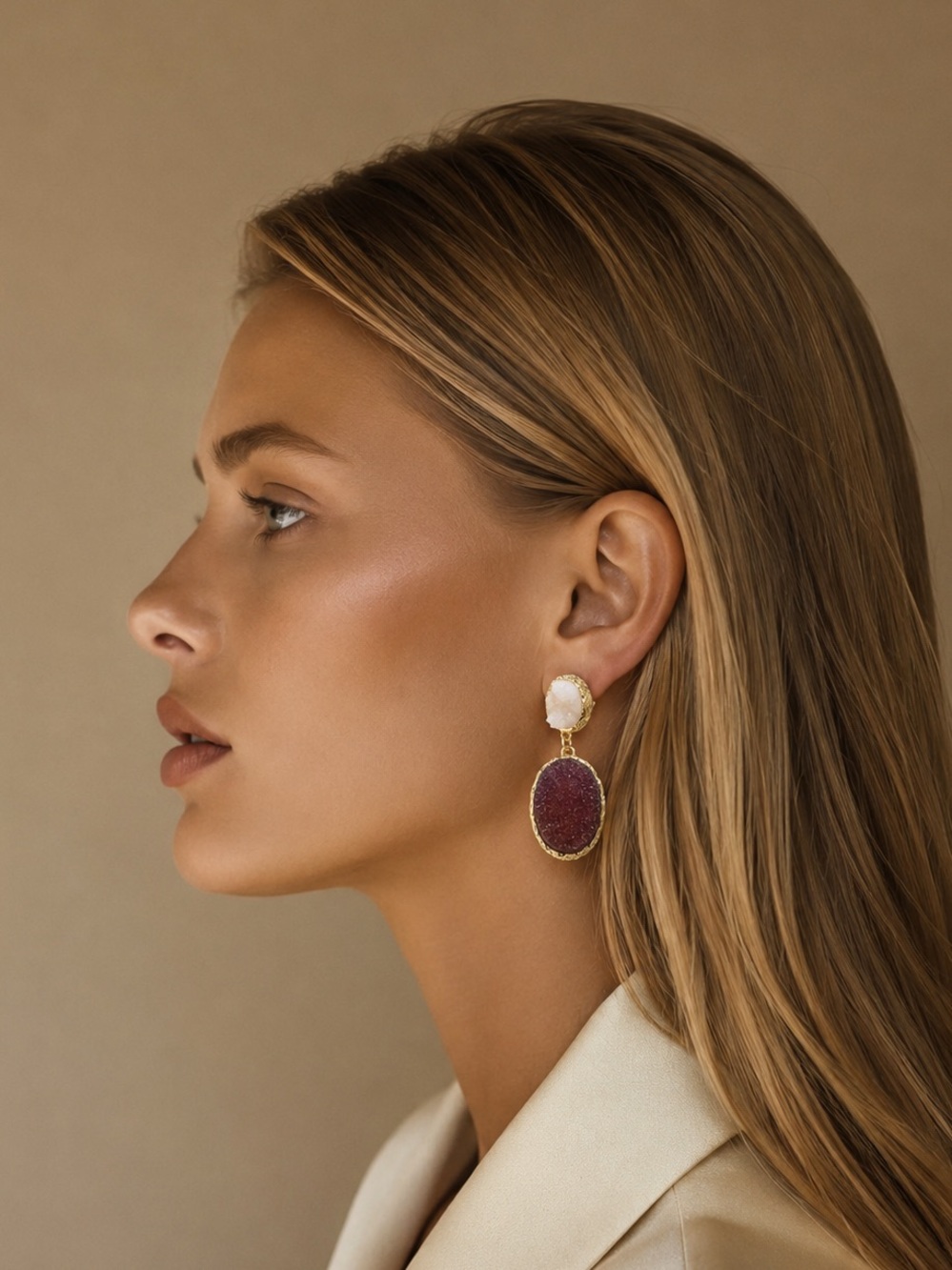 Gold-Tone Drop Earrings with Deep Plum Druzy and White Accent